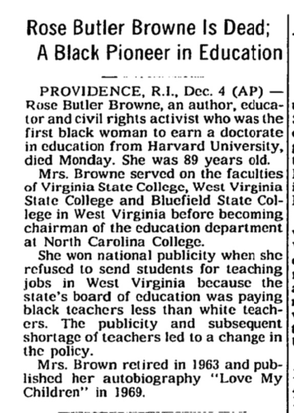 Rose Butler Browne's obituary in the New York Times. It appeared in the December 5th, 1986 edition of the paper.