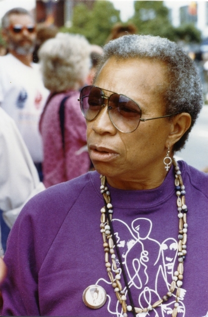 E. Kitch Childs at 1989 Gay Pride Parade in San Francisco wearing COYOTE button. Courtesy of Gail Pheterson.