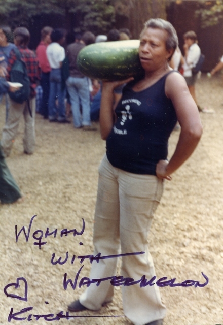 E. Kitch Childs showing her typical satirical style, mocking racist stereotypes of Black people with watermelons. Courtesy of Gail Pheterson.